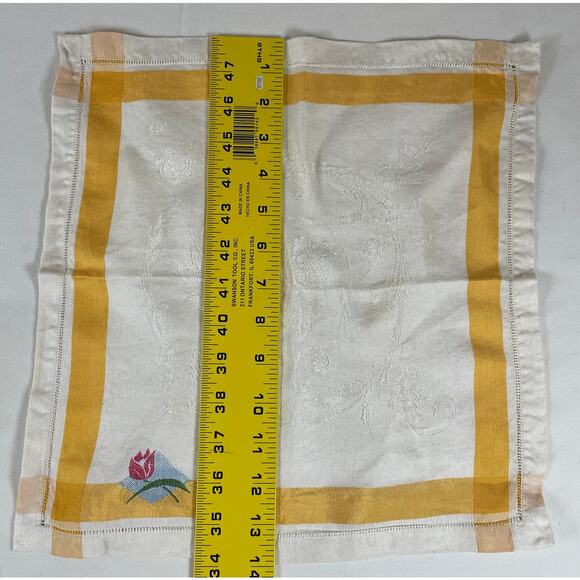 Vintage Set 8 Linen Napkins Cream w/ Yellow Boarder Embroidered Red Rose 14x13 - Picture 11 of 12